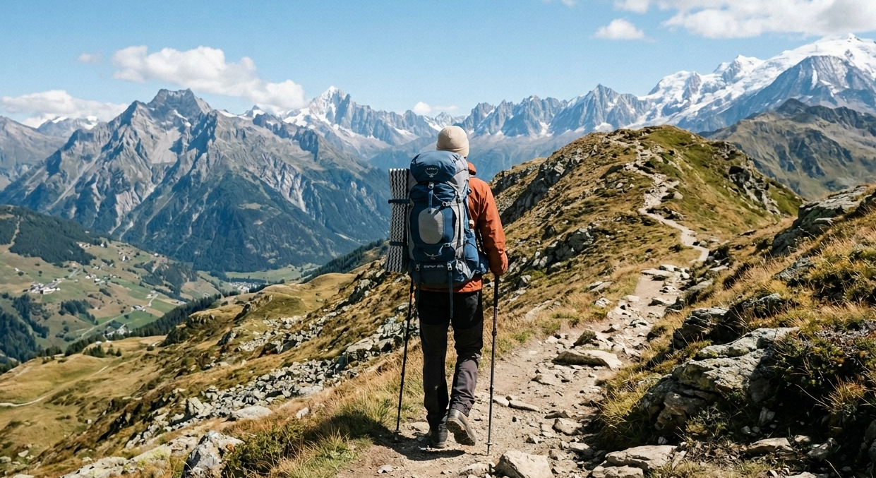 How to Choose and Pack a Travel Backpack for Long‑Haul Trips Backpacker walking on a mountain trail, well-filled but clean backpack, no background noise